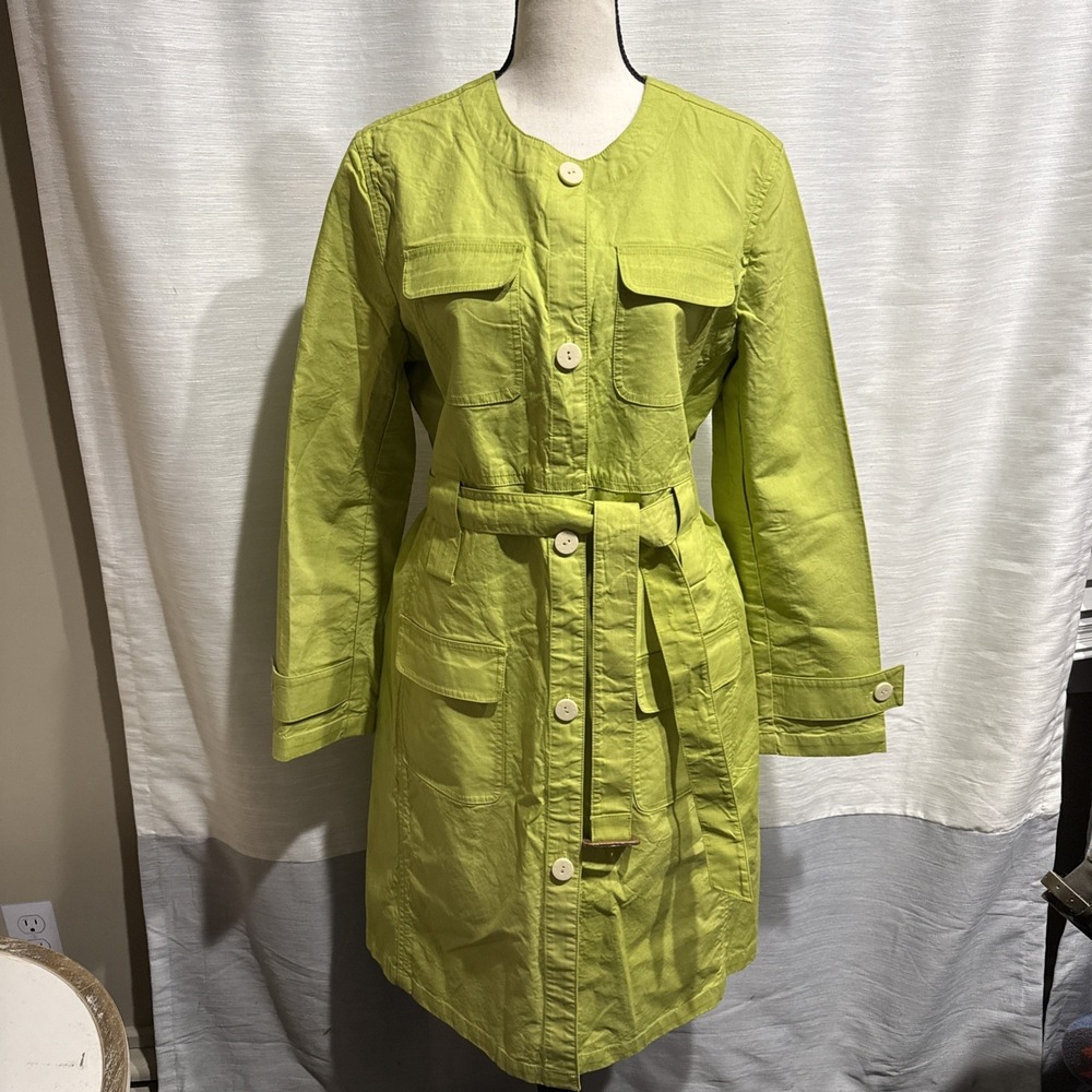 Vtg Gene Meyer Women's Belted Long Sleeve Trench Coat Size 12 Citrine Lime Y2K